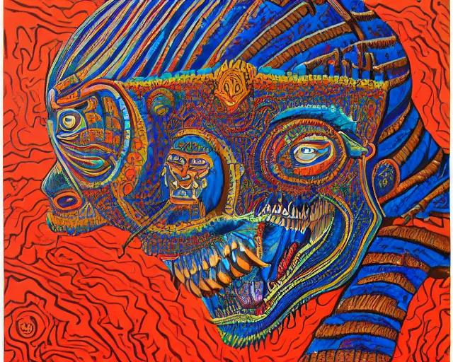 Prompt: a detailed acrylic painting of mayan jaguar warrior, the artist is charles burns, alex grey, cut out collage 1 9 7 6.