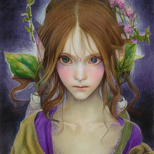 Image similar to little elf girl, tunic, soft hair. light color palate, purple, yellow and white. detailed soft painting, ayami kojima, made in abyss, anatomically correct, inspired in balthus, high detailed face anime, vogue magazine, realistic painting