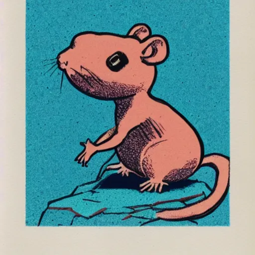 Image similar to a risograph of a rat trying to lift a rock