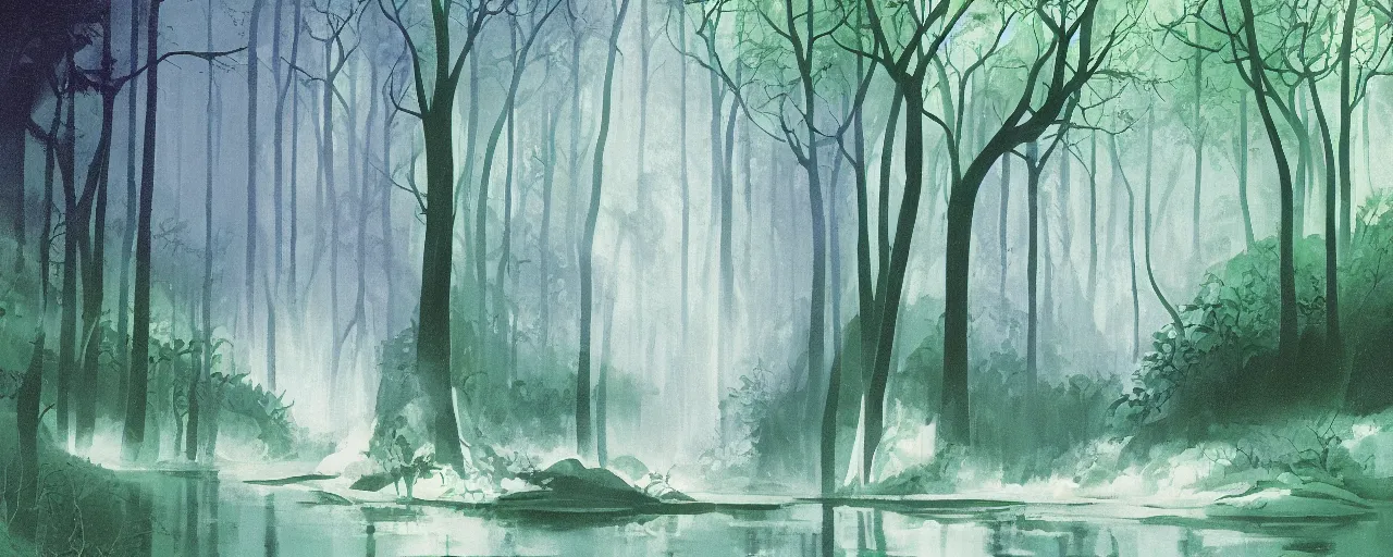 Image similar to deep forest, small rainbow river, light shimmering, water mists, subtle color variantions, summer rain, gentle mists, a white robed benevolent magician clothed in a royal garment in contemplation and meditation casts a benevolent white magic spell, by Eyvind Earle and Mary Blair