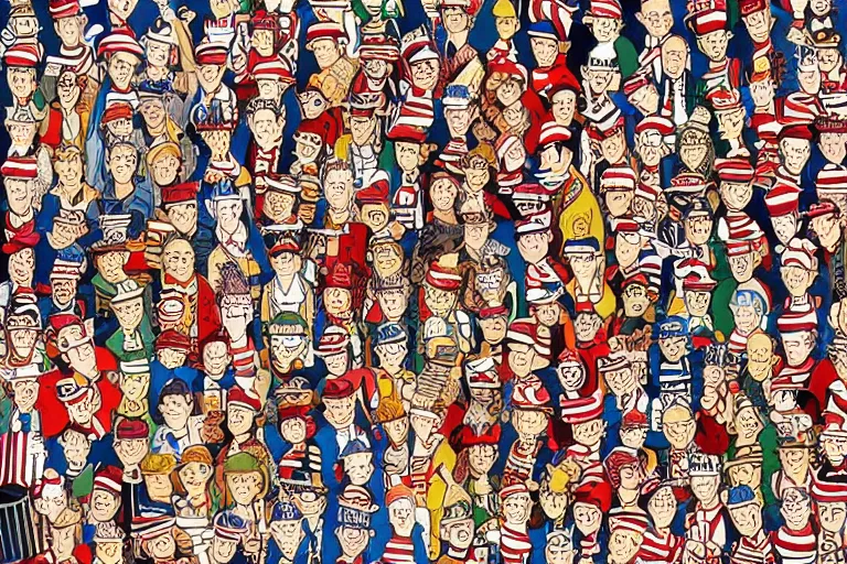 Image similar to an elaborate penned illustration of a convention of waldo's, where's wally, where's waldo, by martin hand ford, by jan van haasteren, wes anderson and geoff darrow!!!!!