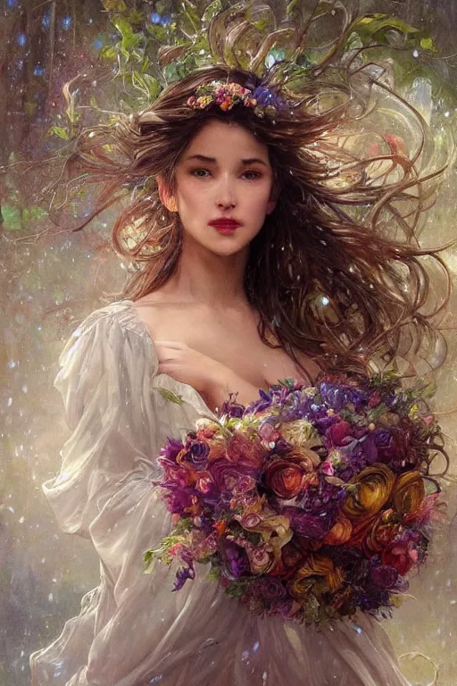 Prompt: portrait of a beautiful mysterious woman holding a bouquet of flowing flowers, drenched clothing, wet dripping long hair, hands hidden under the bouquet, emerging from the water, fantasy, regal, intricate, by stanley artgerm lau, greg rutkowski, thomas kinkade, alphonse mucha, loish, norman rockwell