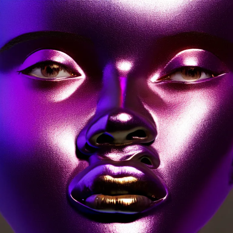 Prompt: portrait of iridescent metallic face, african woman, mercury, smooth reflections, proud looking away, outdoor, blue sky, 8 k, realistic, depth of field, highly detailed, award winning photography, by richard mosse