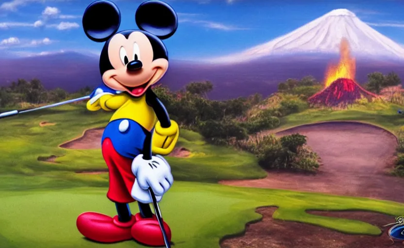 Prompt: mickey mouse golfing on a volcano, realistic, photography, detailed