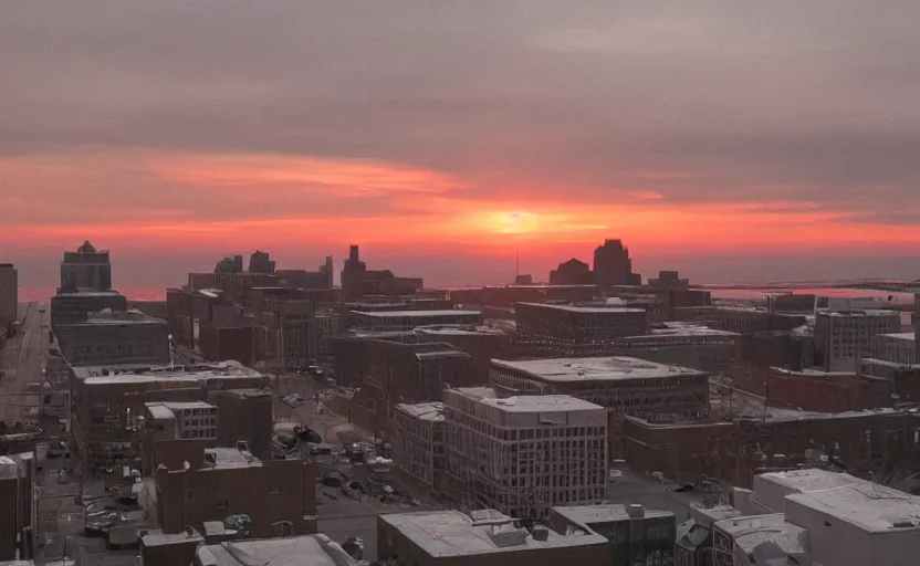 Image similar to photo of sunrise view of buffalo as seen from bus, scene from being john malcovich film directed by charlie kaufman ( 2 0 0 1 ), moody cinematography and lighting, 2 4 mm anamorphic lens