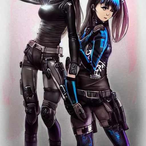 Image similar to a perfect, realistic professional digital sketch of two cyberpunnk Japanese schoolgirls posing, in style of Marvel, full length, by pen and watercolor, by a professional American senior artist on ArtStation, a high-quality hollywood-style sketch, on high-quality paper