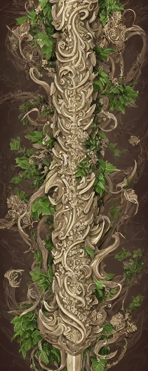 Image similar to beautiful fantasy giant sword carved with decorative ornament, acanthus scrolls, lilies, ivy, energy, geometry, bones, petals, stems, ceremonial clouds, dripping paint, fibonacci rhythm, artstation, artgerm, wlop, symmetric ornaments