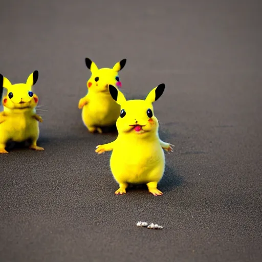 Prompt: award winning photograph a of a group of pikachus playing with a ball at the beach, this picture was designed as the cutest in a competition of nature photography in 2021, trending on artstation, digitally enhanced, sunny day