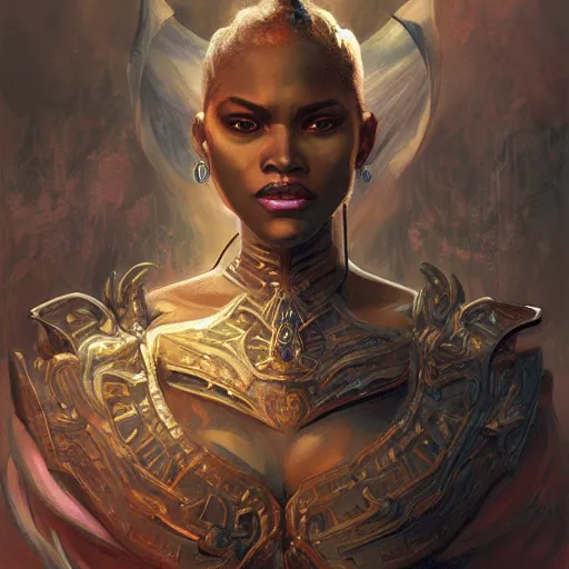 Image similar to portrait of a beautiful blackwomen devil warrior MTG iluustration, demon hunter ,intricate, headshot, highly detailed, digital painting, artstation, concept art, cinematic lighting, illustration, art by artgerm and greg rutkowski, alphonse mucha, cgsociety, science fiction