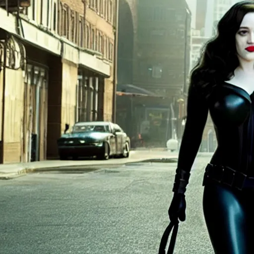 Image similar to a movie still of Kat Dennings as Catwoman in the new movie Batman