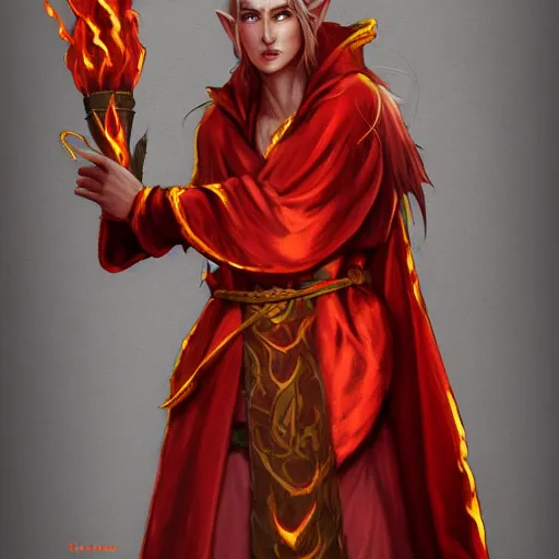 Image similar to Portrait of scarred elven fire mage in red and gold robe with flaming hands. In style of Hyung-tae Kim, concept art, trending on ArtStation, Korean MMORPG.