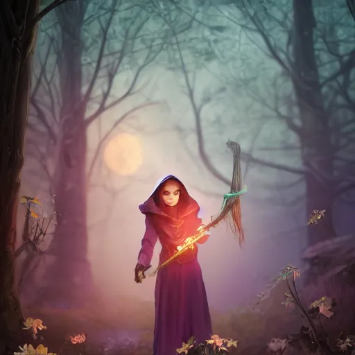 Prompt: Beautiful woman in dark cloak pick flower at night forest, muted colors, long shot, fairy tale, purple tones, trending on artstation, unreal engine 4, high detailed, vivid atmosphere, 8k, color correction, lighting, mood, floral arrangement, grunge, broom, wood