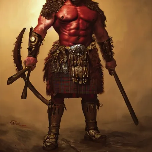 Image similar to bulky muscular scottish warrior with red hair and a kilt, tribal blood red war paintings on his chest, bronze plate armor, 4 k oil on linen by wlop, artgerm, andrei riabovitchev, nuri iyem, james gurney, james jean, greg rutkowski, highly detailed, soft lighting 8 k resolution