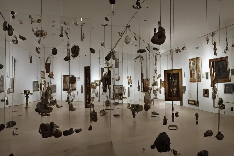 Prompt: mirror gallery in a museum hall, clay artifacts strewn about, suspended mobiles, chrome walls