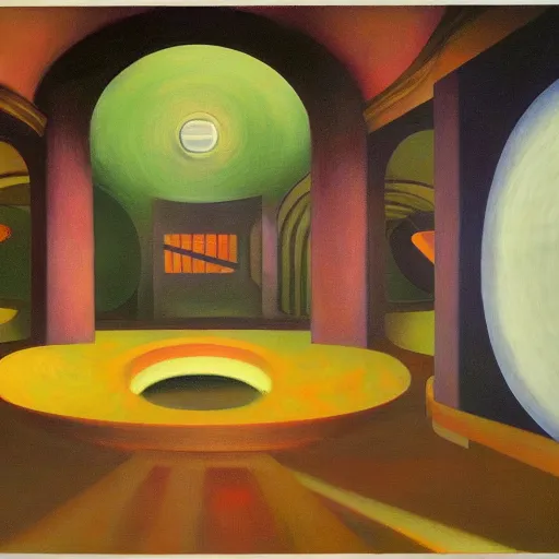 Image similar to three biomorphic robotic seers watchers oracles soothsayers with glowing eyes, inside a dome, pj crook, grant wood, edward hopper, syd mead, chiaroscuro, oil on canvas