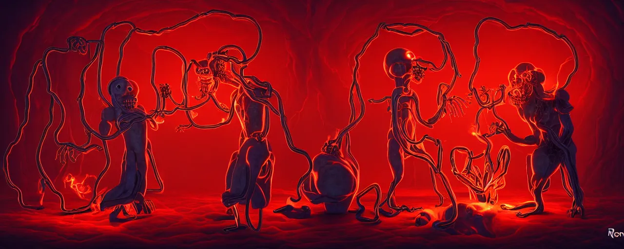 Image similar to uncanny alchemist chthonic creatures inside a visceral arterial alchemical lab within the left ventricle of a human heart, dramatic lighting fiery red lighting, surreal fleischer cartoon characters, surreal painting by ronny khalil