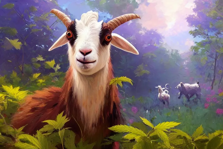 Image similar to cute goat with huge googley eyes eyes looks intensely into the camera, marijuana trees, multicolored weed leaves, dynamic lighting, landscape, artwork by jeremy lipkin and giuseppe dangelico pino and michael garmash and rob rey and greg manchess and huang guangjian and makoto shinkai, pixiv, 1 0 0 mm