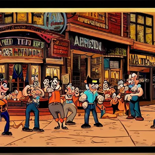 Prompt: barroom brawl. americana, hand - drawn animation. dimly - lit bar. flurry of fists. by walt disney