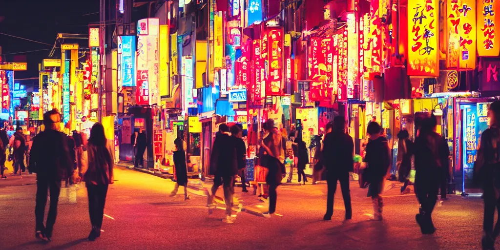 Image similar to street scene outside a japanese fireworks shop with people drinking and being happy, artistic shot, dynamic lighting, night time, neon lights