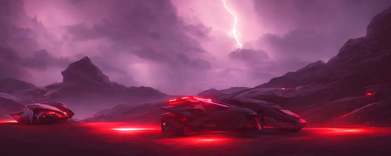 Image similar to an image of an alien vehicle in the night on a mountain with red headlights on by Paul Chadeisson, atmospherical, heavy storm, lightnings , concept art, high detail, intimidating , cinematic, Artstation trending, octane render