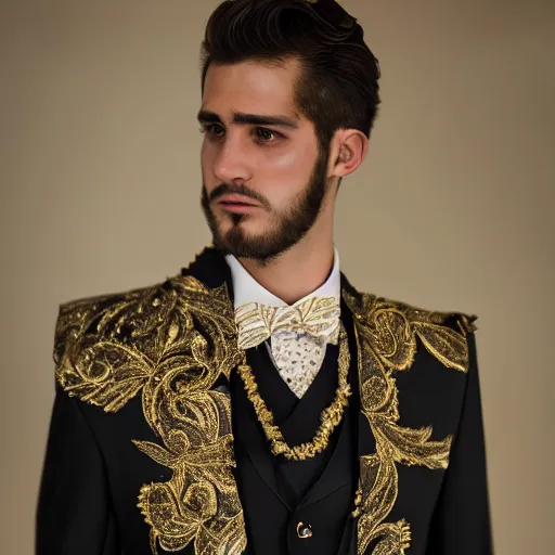 Image similar to elegant fancy suit of the groom,, black gold with elements of the sun. golden highlights. frill collar. intricate patterns with clear lines. clear details. realistic photo. the model is a handsome young man with a symmetrical face.