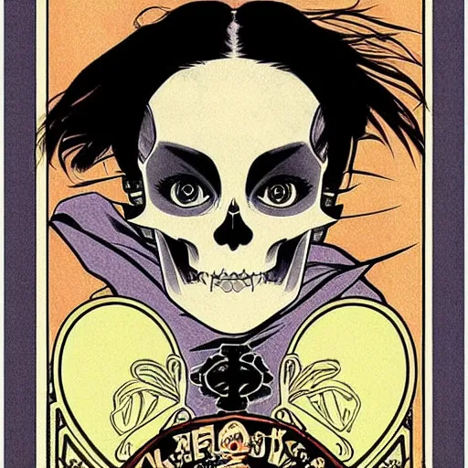 Image similar to anime manga skull portrait woman comic skeleton illustration style by Alphonse Mucha pop art nouveau