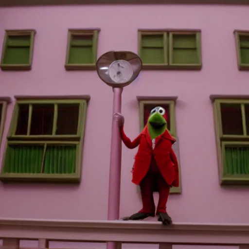 Image similar to kermit the frog, from the grand budapest hotel, kodachrome