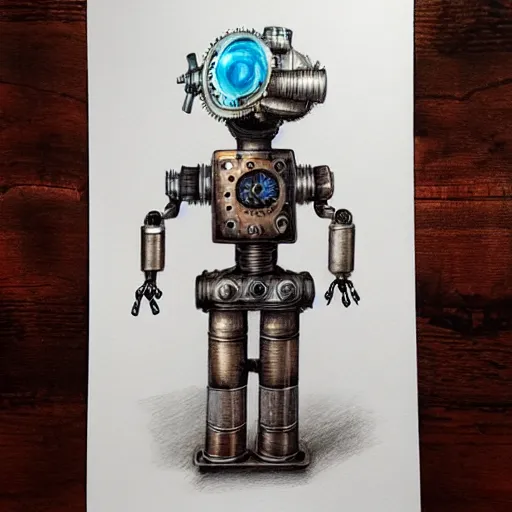 Image similar to hyper realistic pencil drawing of a steampunk robot waving, water color, full portrait, detailed, rim light, diffused, intricate, by anna dittmann,