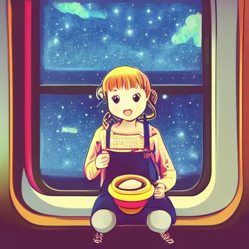 Image similar to girl sitting on a subway train eating cup noodles, the interior of the train is decorated like a teenager's room, galaxies are seen from the train window, anime, digital art, still film