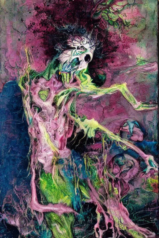 Prompt: an insane, skinny artist wearing torn overalls, expressively, physically fighting with a ghost inside a grand studio, depth of field, gothic, rich deep pink, blue and green colours, creepy, mystical, highly detailed and intricate, painted by francis bacon, and daniel merriam. 8 k masterpiece