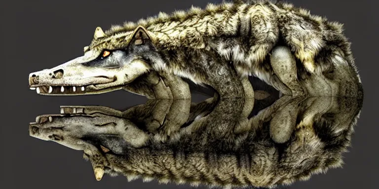 Prompt: chimera made of a wolf and a crocodile, photo of wolf, photo of crocodile, trending on deviantart, photo realism, realistic wood swamp, professional photoshop artwork utilizing photographs