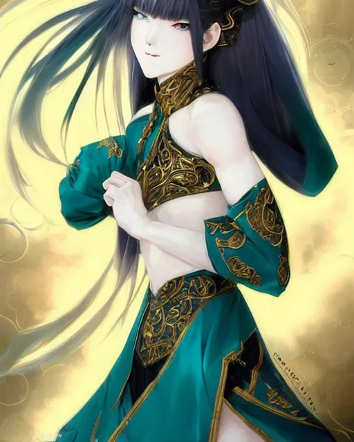 Image similar to beautiful anime portrait of a female fighter!! long white hair! teal eyes! fighting stance!!!! intricate ornate gold and black outfit!!! elegant, artbook, fine details by stanley artgerm lau, wlop, rossdraws, james jean, andrei riabovitchev, marc simonetti, and sakimichan, trending on artstation