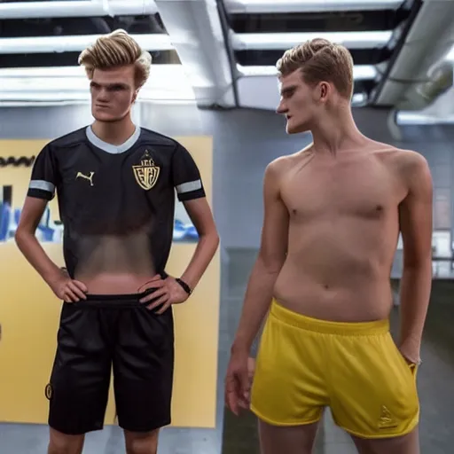 Image similar to a realistic detailed photo of a guy who is an attractive humanoid who is half robot and half humanoid, who is a male android, soccer players martin ødegaard & timo werner, shiny skin, posing like a statue, blank stare, in a factory, on display, showing off his muscles, gold soccer shorts, side view, looking at each other mindlessly