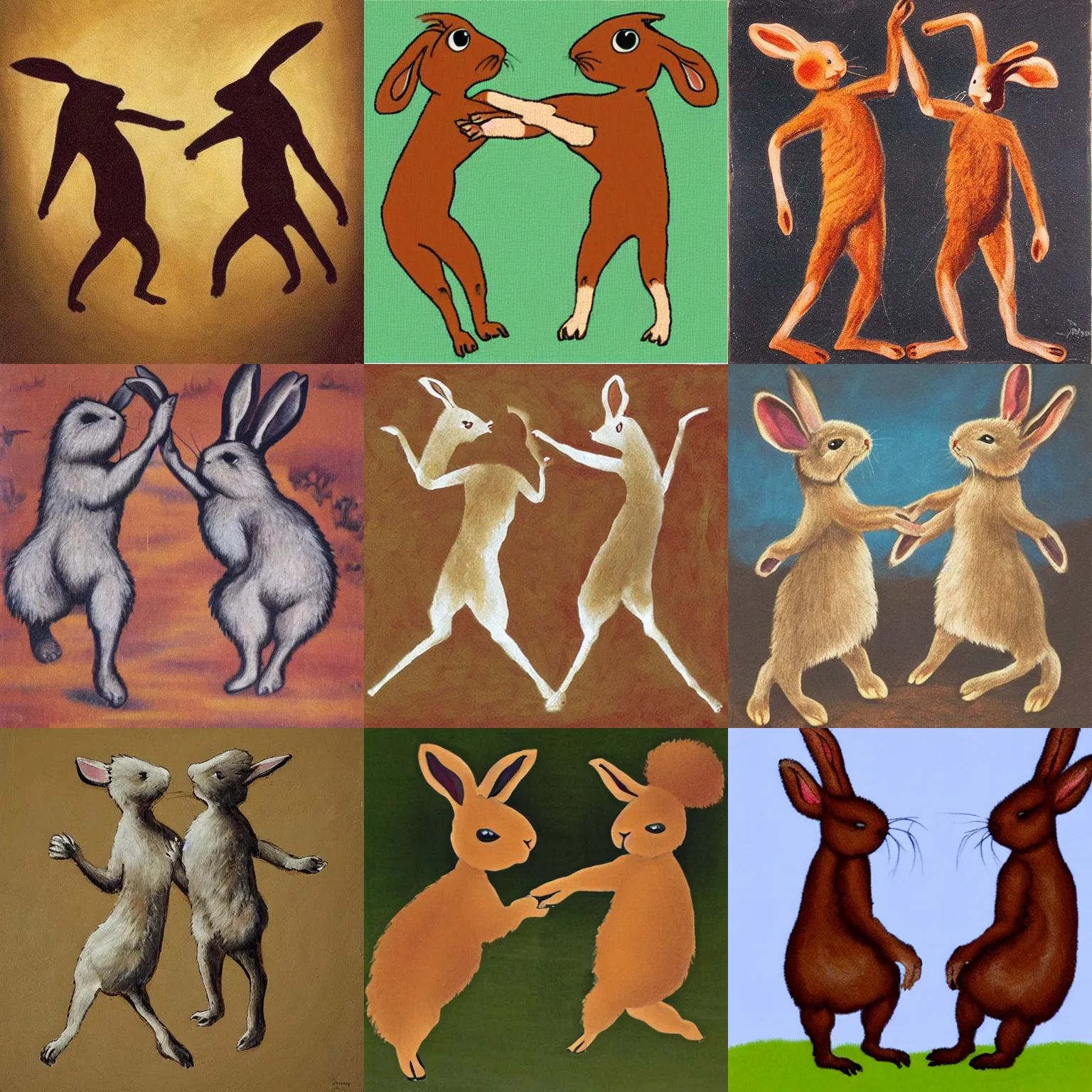 Prompt: caveman art of two rabbits dancing