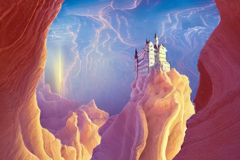 Image similar to neuschwanstein castle on pamukkale thermal waters flowing down gold travertine terraces in royal blue antelope canyon during sakura season on an interstellar aurora borealis with heavy thunder and lightning, pink waterfalls, by peter mohrbacher, james jean, james gilleard, greg rutkowski, vincent di fate, rule of thirds, beautiful landscape