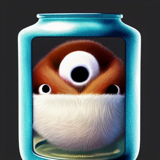 Prompt: cutie fluffy creature with big eyes in a jar, digital art, 3 d, octave render, masterpiece, mega detailed, pixar, disney, vivid illustration, cartoon, fantasy, by george stubbs, artgerm, in the style of ghibli kazuo oga, pastel fur