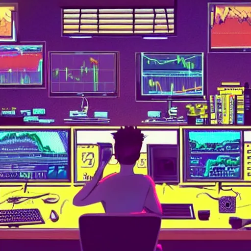Prompt: a young man sitting on his computer in his messy bedroom staring at several computer monitors showing crypto trades, illustration, colourful, chill, anime asthetic, neon glow, gamer,