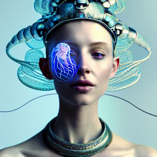 Prompt: portrait of an absurdly beautiful, graceful, sophisticated, fashionable cyberpunk mechanoid, hyperdetailed illustration by irakli nadar, matt wisniewski style, intricate linework, white porcelain skin, iridescent fractal headdress, day - glow facepaint, jellyfish butterfly ruff neckware, unreal engine 5 highly rendered, global illumination, radiant light, detailed and intricate environment