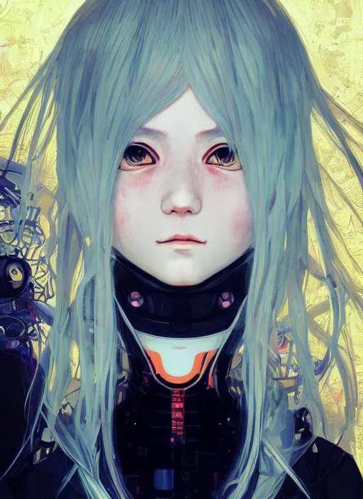 Image similar to portrait Anime girl cyberpunk, cute-fine-face, white-hair pretty face, realistic shaded Perfect face, fine details. Anime, cyberpunk. realistic shaded lighting by Ilya Kuvshinov and Gustav Klimt