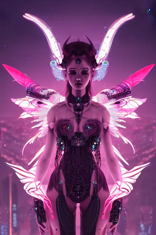 Image similar to portrait futuristic Devil Girl with horns and wings and feathers and armor , in future cyberpunk tokyo rooftop , ssci-fi, fantasy, intricate, very very beautiful, elegant, human anatomy, human structure, neon light, highly detailed, digital painting, artstation, concept art, smooth, sharp focus, illustration, art by tian zi and WLOP and alphonse mucha