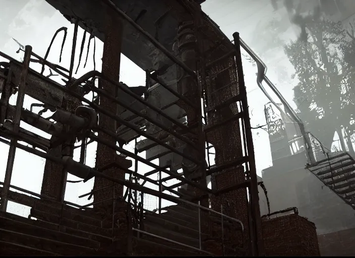 Image similar to wire, grate, iron, pipes, steam, plant, fans, stairs, rust horror darkness, destroyed, highs detailed, unreal engine