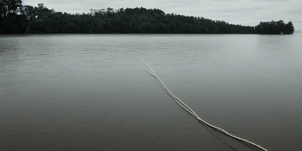 Prompt: centered photograph of a single line of thick long rope floating on the surface stretching out to the center of the lake, a dark lake sandy shore on a cloudy day, color film, trees in the background, hyper - detailed photo, anamorphic lens