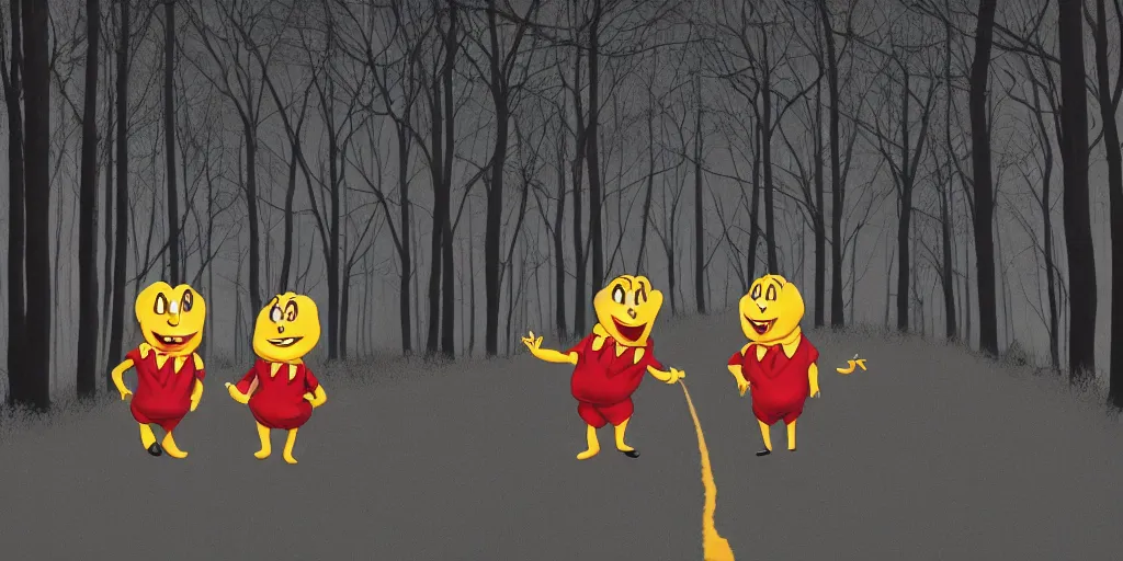 Image similar to tweedle dee and tweedle dum laughing hysterically, night, road between tall trees, dense forest, dark night, moon, in style of disney cartoon