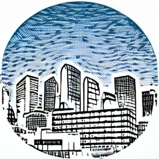 Image similar to a perfect circle, the outer edge of the circle is hugged by the silhouette of a city skyline, black and white, minimalist, in the style of a line drawing