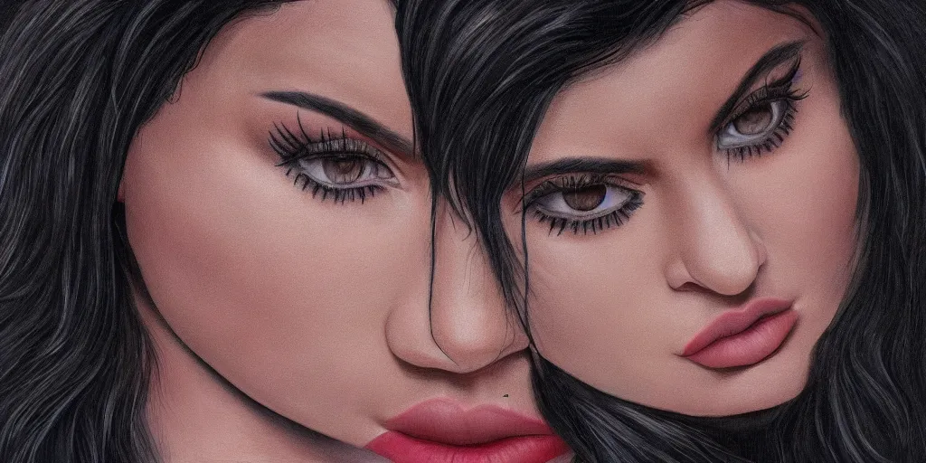 Image similar to hyper realistic kylie jenner in the style of a slipknot album cover, minimal art style, highly detailed, intricate, digital painting, artstation, 3 5 mm film grain