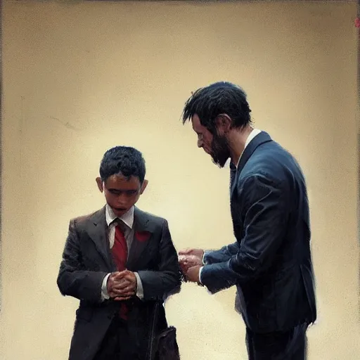 Image similar to oil painting of a man in a suit indifferent to an poor and orphan boy who asks, by greg rutkowski, artstation