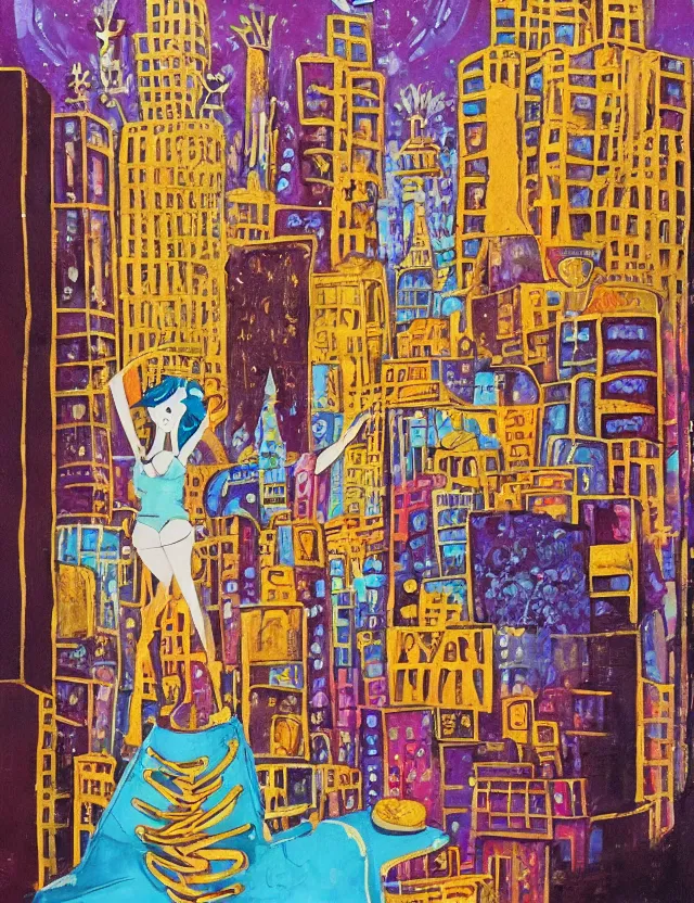 Image similar to ice cream spirit lost in a metropolis. this art noveau gouache and gold leaf painting has a beautiful composition.