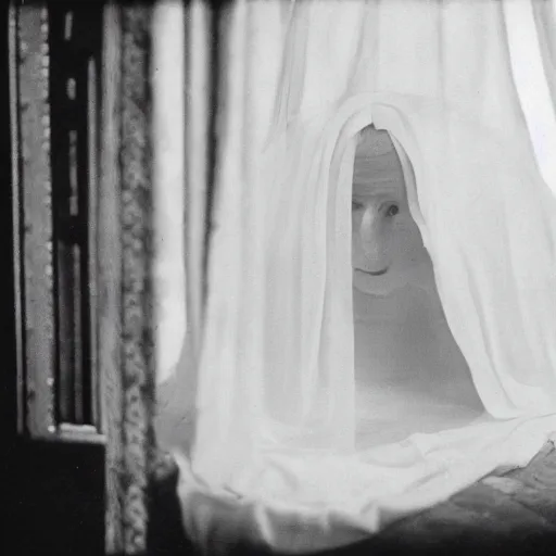 Image similar to filmstill photography of female face covered with white translucent blanket, old victorian room