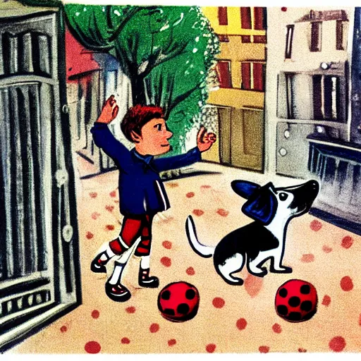 Image similar to book illustration of a french boy on the streets of paris playing football against a corgi, the dog is wearing a polka dot scarf, 1 9 6 6