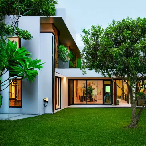 Image similar to modern house, surrounded by a lush jungle, hyper realistic, photo real,